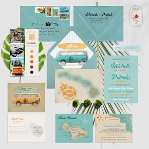 Hawaii Beach Destination wedding invitation illustrated wedding invitation Maui Retro Bus Surfboard bilingual wedding Deposit Payment