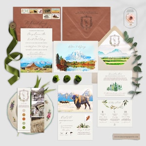 Jackson Hole Wyoming watercolor illustrated rustic Destination wedding invitation wedding Bison Cowboy Horse Mountains Deposit Payment