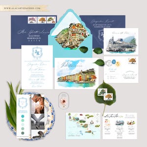 Portovenere Cinque Terre Italy Destination Wedding Invitation Italian Riviera Watercolor Illustrated Wedding Invitation Set Deposit Payment