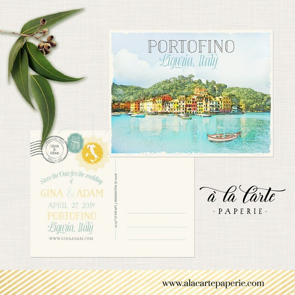 Portofino Italy Liguria European Watercolor Illustrated Destination wedding Save the Date invitation postcards Deposit Payment