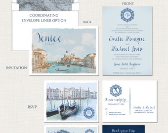 Venice Italy  illustrated Destination wedding invitation  dusty blues greys silver European wedding -Deposit Payment