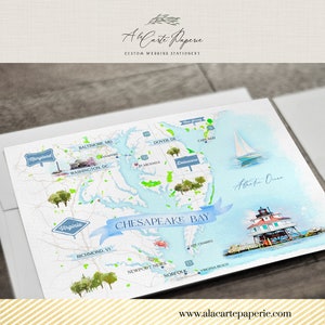 May include: Watercolor map of the Chesapeake Bay area, featuring Maryland, Virginia, and Delaware. The map includes landmarks, cities, and the Atlantic Ocean. The text "A La Carte Paperie" and "Custom Wedding Stationery" is at the top, with the website address at the bottom.