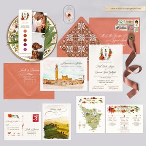 Convite para casamento em Siena, Toscana, Itália, destino Florença, San Gimignano, personalizável, aquarela europeia, cartão ilustrado - Pagamento de depósito