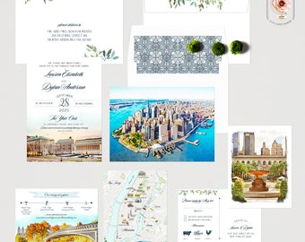 New York City Manhattan Yale Club USA NYC Watercolor Illustrated Destination Wedding Invitation Set - Deposit Payment