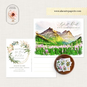 Parque Nacional Glacier Montana MT EUA Aquarela Ilustrada Destino Casamento Reserve a Data Cartão Postal Casamento na Montanha - Pagamento de Depósito