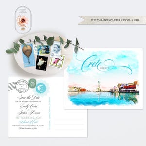 Crete Greece Save the Date Postcard Greek Island Destination Wedding Watercolor Illustrated  Wedding Invite Save the Date PRINTED or DIGITAL