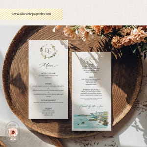 Menu de mariage Carmel by the Sea California aquarelle illustré Menu de mariage à destination - La liste est pour le dépôt uniquement