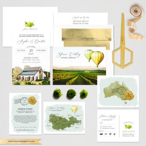 Australia Yarra Valley VIC Winery Wedding Watercolor Illustrated Destination Wedding Invitation Green Gold Deposit Payment image 1