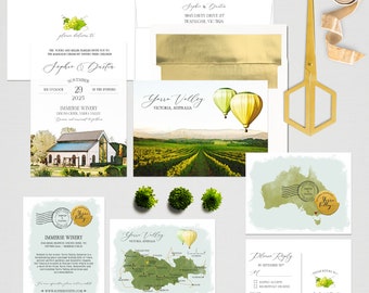 Australia Yarra Valley VIC Winery Wedding Watercolor Illustrated Destination Wedding Invitation Green Gold - Deposit Payment