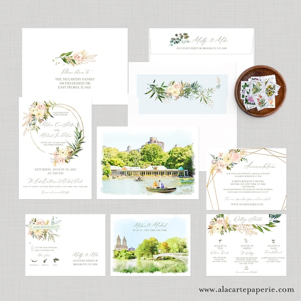 New York City Central Park NYC Loeb Boathouse watercolor illustrated wedding invitation Rustic Urban dusty rose flowers - Deposit Payment