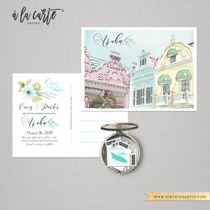 Destination wedding invitation Aruba Oranjestad Caribbean save the date Postcard with illustration sketch drawing watercolor Deposit Payment