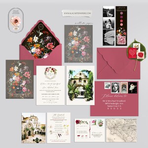 May include: A collection of wedding stationery featuring floral designs and a color palette of pink, burgundy, and cream. Includes invitations, envelopes, RSVP cards, and a map. The stationery is arranged on a light gray background.