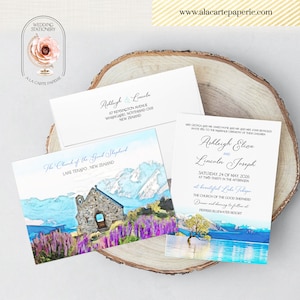 New Zealand Lake Tekapo Watercolor Illustrated Destination Wedding Invitation South Island Set Deposit Payment image 2