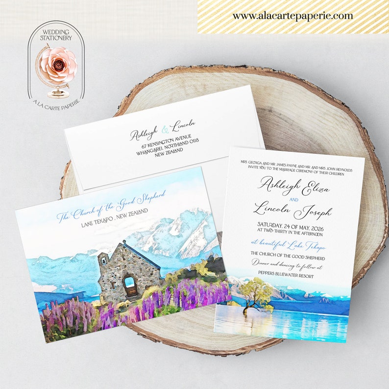 New Zealand Lake Tekapo Watercolor Illustrated Destination Wedding Invitation South Island Set Deposit Payment image 2