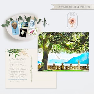 Lake Como Italy Villa Balbianello Destination Wedding Save the Date Postcard Watercolor Illustrated Italian Wedding Card - PRINTED/DIGITAL
