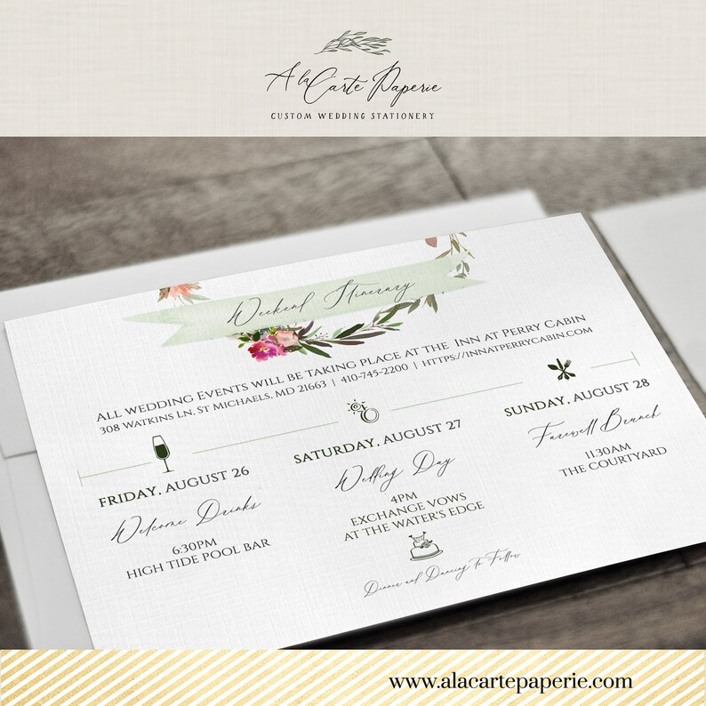 May include: Wedding itinerary card with a floral design and the text "Weekend Itinerary." The card lists event details for Friday, Saturday, and Sunday, including times and locations. The card is white with a gold pattern at the bottom.