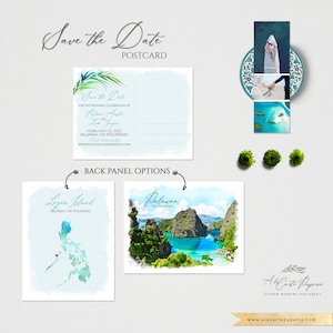 Palawan Lagen Island Philippines Aquarelle illustrée Mariage à destination Carte postale « Save the Date » Faire-part asiatique Mariage philippin