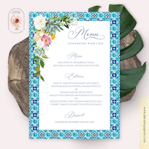 Menu de mariage bordure de carreaux méditerranéens aquarelle carreaux mexicains Menu de mariage illustré à destination - Paiement de l'acompte