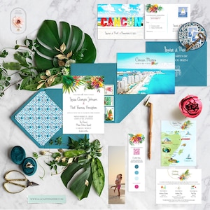 Cancun Mexico Riviera Maya Yucatan Destination Wedding Invitation with watercolor illustrations tropical beach wedding - Deposit Payment