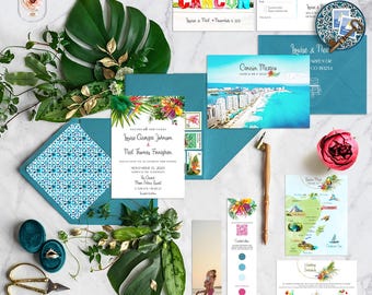 Cancun Destination Wedding Invitation: Tropical Beach Watercolor Illustrations
