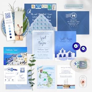 Santorini Greece Greek Island Destination Wedding Invitation watercolor illustrated Invitation Set European wedding cards - Deposit Payment