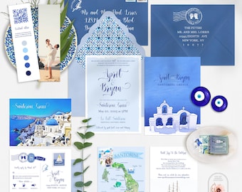 PRINTED Santorini Greece Greek Island Destination Wedding Invitation watercolor illustrated European wedding cards - Deposit Payment
