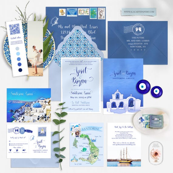 Santorini Greece Wedding Invitation – Watercolor Illustrated European Destination Cards