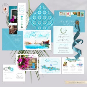 Crete Greece Destination Wedding Invitation Greek Island Invitation Suite European wedding illustrated invitation set - Deposit Payment