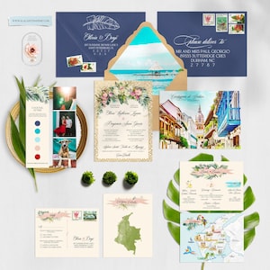 Cartagena de Indias, Kolumbien, Ziel, Hochzeitseinladung, Südamerika, zweisprachig, Spanisch, Kolumbianisch, Aquarell, Illustriert, ANZAHLUNG Zahlung