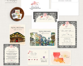 New Orleans Louisiana NOLA Destination wedding invitation USA NOLA French Quarter Jazz watercolor illustrated wedding invitation set