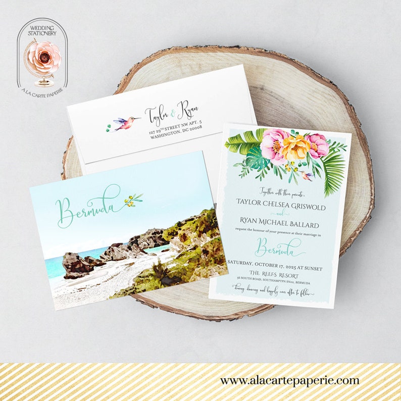 Bermudes Tropical Destination Wedding Invitation Beach Caribbean Island Aquarelle Illustrée Wedding Invitation Set Paiement de dépôt image 3