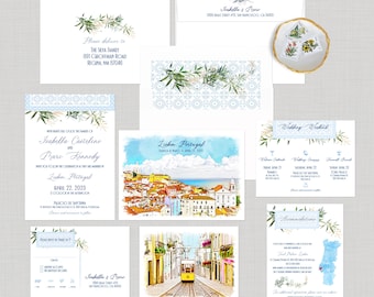 Lisbon Portugal European Destination wedding invitation Watercolor Illustrated invitation - Deposit Payment