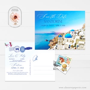 Santorini Grecia Isola Greca Salva la data Cartolina Europa Destinazione invito matrimonio acquerelli illustrati biglietti - Pagamento deposito