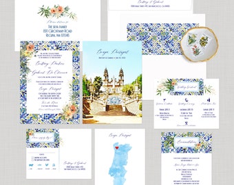 Braga Portugal European Destination wedding invitation Watercolor Illustrated invitation - Deposit Payment