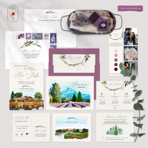 May include: Wedding stationery set featuring watercolor illustrations and calligraphy. Includes invitations, RSVP cards, envelopes, and a ring box with a ring. The color palette includes shades of purple, green, and white.