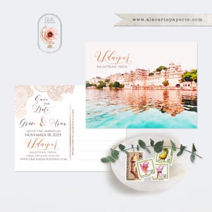 Convite para casamento em Udaipur, Rajastão, Índia, Reserve a data, cartão postal ilustrado, Reserve a data, ouro rosa e cobre, Depósito e Pagamento