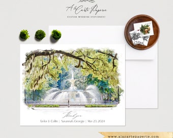 Savannah Georgia Bedankkaart Eikenboom Spaans Mos Waterverf Geïllustreerd Bestemming Bruiloft Zuidelijke VS