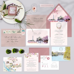 Washington D.C. USA Watercolor Illustrated Wedding Invitation Set in blush pink and illustrated map - Deposit Payment