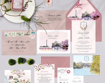 Washington D.C. Watercolor Wedding Invitation Set,  Blush Pink Map DEPOSIT for PRINTED invitations
