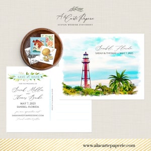 Convite para casamento no destino do Farol de Sanibel, Flórida, EUA, aquarela ilustrada, cartão postal Save the Date - Pagamento de depósito