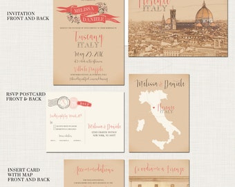 Toscana Florencia Invitación de boda de destino Italia Wedding Invitation Suite - Invitación europea bilingüe Invitación ilustrada Pago de depósito
