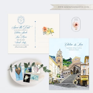 Amalfi Dom Amalfiküste Italien Save the Date Postkarte Aquarell Illustration Zitrone Mediterrane Fliesen Italienische Hochzeit - Anzahlung