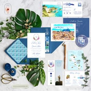 Corfu Greece Greek Island Destination Wedding Invitation Suite European Watercolor Illustrated Wedding Invitation Set Map - Deposit Payment