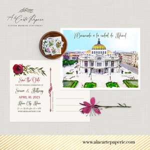 Cidade do México Ciudad de México Salve a data Cartões postais Casamento no destino Aquarela Ilustrada Convite de casamento mexicano Depósito Pagamento