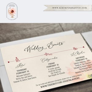 Puede incluir: Invitaci&oacute;n de boda con un logotipo floral y el texto "Wedding Events". La tarjeta detalla los eventos de la boda, incluyendo fechas, horas y lugares para c&oacute;cteles, un desfile y la ceremonia.