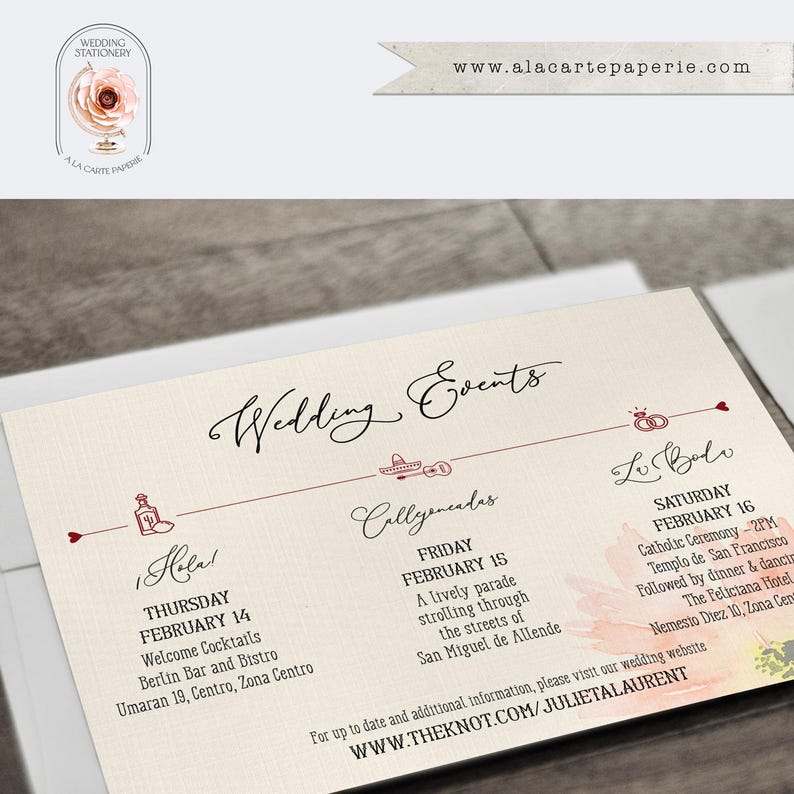 Puede incluir: Invitaci&oacute;n de boda con un logotipo floral y el texto "Wedding Events". La tarjeta detalla los eventos de la boda, incluyendo fechas, horas y lugares para c&oacute;cteles, un desfile y la ceremonia.