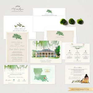 Destrehan Plantation Louisiana Destination wedding invitation Vintage Oak Tree Spanish Moss watercolor illustrated Deposit Payment