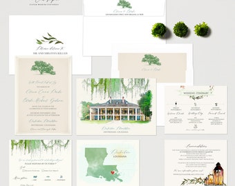 Destrehan Plantation Louisiana Destination wedding invitation Vintage Oak Tree Spanish Moss watercolor illustrated Deposit Payment