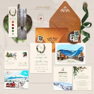 Telluride Colorado USA Winter Destination Watercolor Illustrated Wedding Invitation Set Ski Mountain Spruce Christmas  - Deposit Payment
