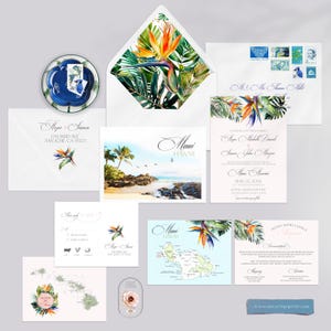 Maui Hawaii Destination Wedding Invitation Watercolor Illustrated Wedding Invitation Set Island Map - Deposit Payment